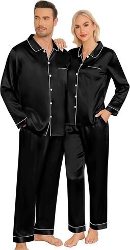 SWOMOG Couples Pajamas Sets Silk Satin Long Sleeve Sleepwear Button Down Loungewear Pjs Set Classic Pajama S-XXL in Saudi Arabia