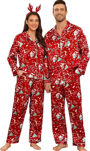 SWOMOG Couples Pajamas Sets Silk Satin Long Sleeve Sleepwear Button Down Loungewear Pjs Set Classic Pajama S-XXL in Saudi Arabia
