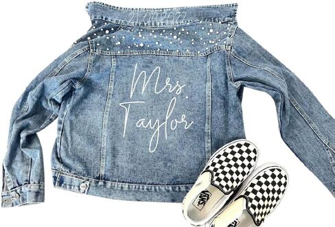 Mrs Pearl Jean Jacket Bride Mrs Denim Jacket Personalized Bridal gift in Kuwait