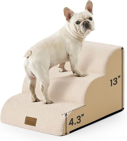 Dog Stairs for Small Dogs 15.7" H, 4-Step Slope Curved Dog Steps for Bed, Couch or Chair, Sturdy Pet Ramp for Puppy, Older Cat, Pet Ladder with High Density Foam, 15.7x28.3x15.7 inch, Beige in Kuwait