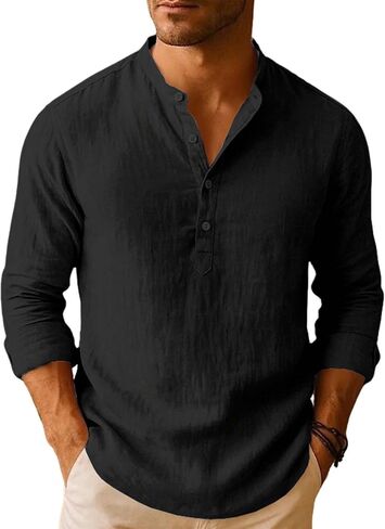 DASAYO Mens Linen Henley Shirts Spring Casual Long Sleeve Button Dress Shirt Loose Fit Summer Fashion Beach Vacation Clothes in Kuwait