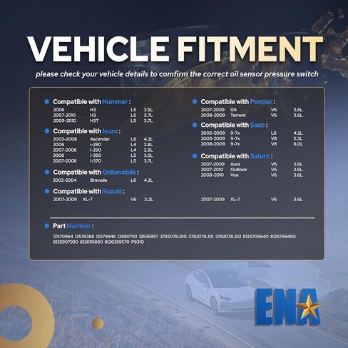 مفتاح مستشعر ضغط زيت المحرك ENA متوافق مع تشيفي كولورادو تريل بليزر جي إم سي أكاديا مبعوث بويك جيب كاديلاك SRX بونتياك G6 2004 2005 2006 2007 2008 2009 استبدال لـ 12635957 PS310 in Saudi Arabia