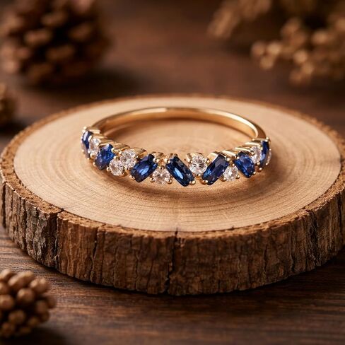 Blue Sapphire and Diamond Wedding Band 14K Yellow Gold Half Eternity Ring Alternating Sapphire Round Diamond Anniversary Band Stackable Promise Jewelry Gift for Women in Saudi Arabia