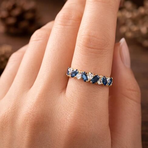 Blue Sapphire and Diamond Wedding Band 14K Yellow Gold Half Eternity Ring Alternating Sapphire Round Diamond Anniversary Band Stackable Promise Jewelry Gift for Women in Saudi Arabia