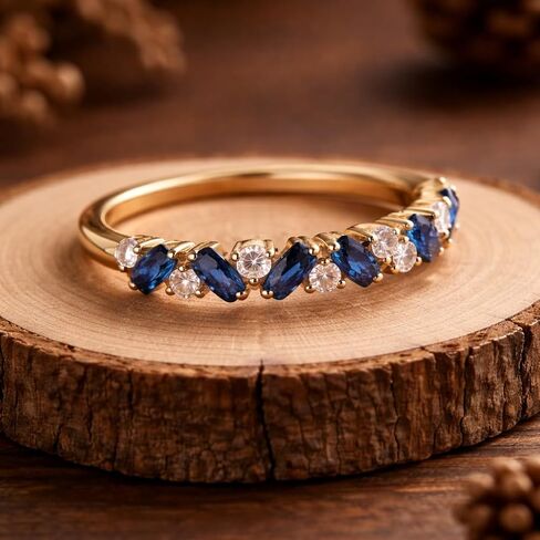 Blue Sapphire and Diamond Wedding Band 14K Yellow Gold Half Eternity Ring Alternating Sapphire Round Diamond Anniversary Band Stackable Promise Jewelry Gift for Women in Saudi Arabia
