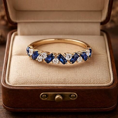 Blue Sapphire and Diamond Wedding Band 14K Yellow Gold Half Eternity Ring Alternating Sapphire Round Diamond Anniversary Band Stackable Promise Jewelry Gift for Women in Saudi Arabia