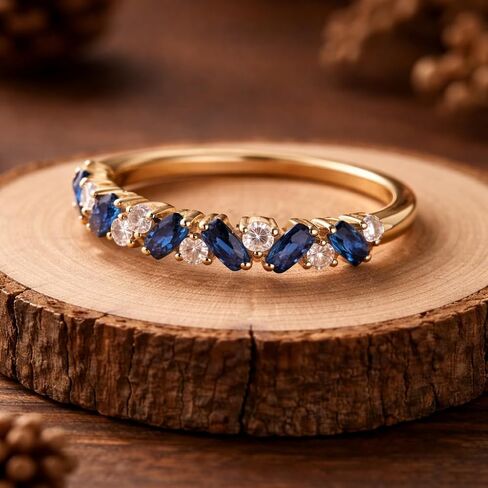 Blue Sapphire and Diamond Wedding Band 14K Yellow Gold Half Eternity Ring Alternating Sapphire Round Diamond Anniversary Band Stackable Promise Jewelry Gift for Women in Saudi Arabia