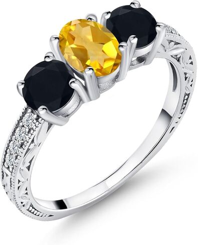 Gem Stone King 1.82 Cttw Yellow Citrine and Black Onyx Ring For Women | 925 Sterling Silver | Gemstone Birthstone | 3 Stone Wedding Engagement Anniversary Promise Ring For Women in Saudi Arabia