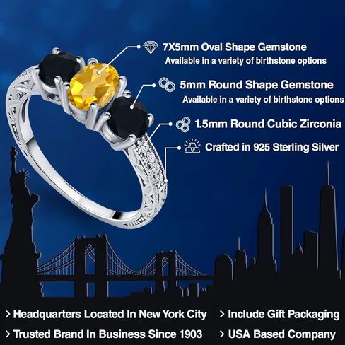 Gem Stone King 1.82 Cttw Yellow Citrine and Black Onyx Ring For Women | 925 Sterling Silver | Gemstone Birthstone | 3 Stone Wedding Engagement Anniversary Promise Ring For Women in Saudi Arabia