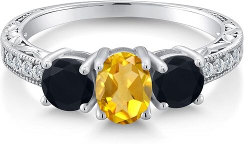 Gem Stone King 1.82 Cttw Yellow Citrine and Black Onyx Ring For Women | 925 Sterling Silver | Gemstone Birthstone | 3 Stone Wedding Engagement Anniversary Promise Ring For Women in Saudi Arabia