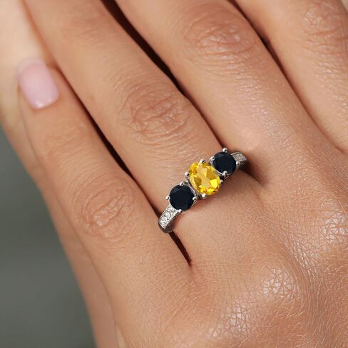 Gem Stone King 1.82 Cttw Yellow Citrine and Black Onyx Ring For Women | 925 Sterling Silver | Gemstone Birthstone | 3 Stone Wedding Engagement Anniversary Promise Ring For Women in Saudi Arabia