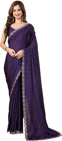 TRENDMALLS Women's Art Silk Siroski Mirror Work Saree with Unstitch Blouse Piece in Kuwait