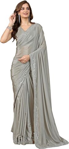 TRENDMALLS Women's Art Silk Siroski Mirror Work Saree with Unstitch Blouse Piece in Saudi Arabia