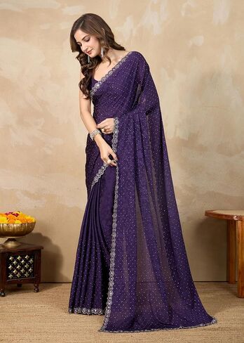 TRENDMALLS Women's Art Silk Siroski Mirror Work Saree with Unstitch Blouse Piece in Saudi Arabia