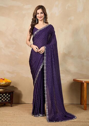 TRENDMALLS Women's Art Silk Siroski Mirror Work Saree with Unstitch Blouse Piece in Saudi Arabia