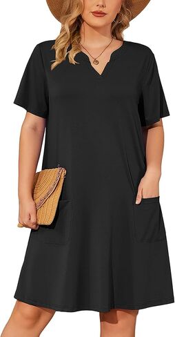 AusLook Plus Size Midi Dress for Women Short Sleeve V Neck Summer Casual Loose Fit Vacation 2026 Beach Sundress with Pocket in Saudi Arabia