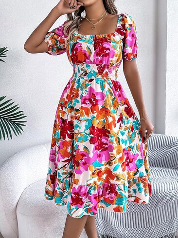 Women's Summer Floral Print Short Sleeve Square Neck Dress Smocked Waist A Line Ruffle Hem Swing Flowy Dress in Saudi Arabia