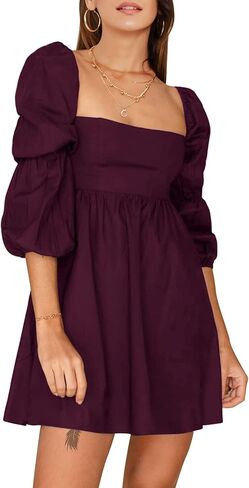EXLURA Womens 2026 Square Neck Dress Long Puff Sleeve A-Line Casual Short Mini Dresses in Saudi Arabia