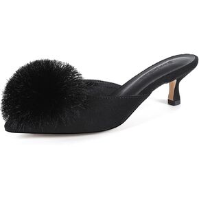 Fericzot Fluffy Poms-Poms كعب هريرة للنساء - مقدمة مدببة بدون ظهر صندل مخملي سهل الارتداء بكعب منخفض فستان كاجوال لطيف بكعب عالٍ in Kuwait