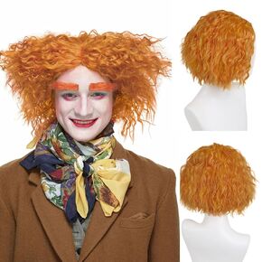 GNIMEGIL شعر مستعار قصير للرجال من Mad Hatter باروكات برتقالية مجعدة للجنسين باروكة شعر اصطناعية للمهرج من أجل أزياء تنكرية لحفلات الهالوين 12 بوصة in Kuwait