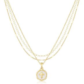 Gold Necklace for Women 14K Gold Plated Layered Cross Bar Necklace Herringbone Figaro Paperclip Flat Chain Cute Charm Accessories Non Tarnish Jewelry Set Gifts for Women in Saudi Arabia