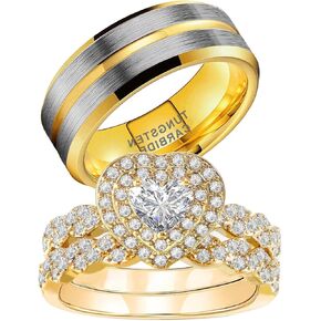 1CT Heart CZ Wedding Ring Set for Women & Men Yellow Gold Plated Bridal Couple Rings Tungsten Ring Wedding Band in Kuwait