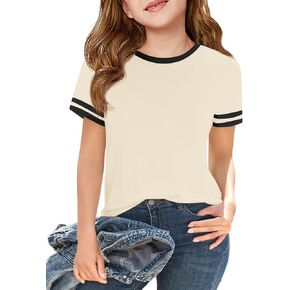 Haloumoning Girls Short Sleeve T Shirts Kids Summer Crewneck Color Block Tops Fashion Tees 5-14 Years in Kuwait