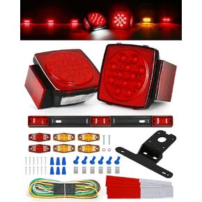 مجموعة مصابيح LED للمقطورة الغاطسة - 2x أضواء مربعة للإيقاف/الانعطاف/الفرامل/لوحة الترخيص، شريط ضوء فرامل خلفي مقاس 14.25 بوصة، 6x أضواء علامة صغيرة، حزام أسلاك بطول 25 قدمًا مع موصل بأربعة أقطاب، مجموعة تثبيت in Kuwait