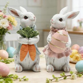 Easter Decorations for Home - 2pcs Resin White Easter Bunny - Small Bunny Statues Figurine Decor for Indoor Table Centerpieces Decorations Tiered Tray,Tabletop - Spring Decor Rabbit 4.33 inch Tall in Saudi Arabia