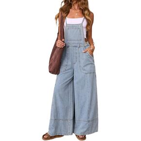 Women's Denim Jeans Overalls Loose Baggy Adjustable Wide Leg Romper Jumpsuit Casual High Waist Harem Pants in Saudi Arabia