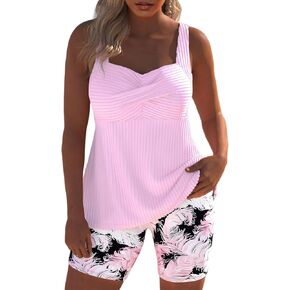 ملابس سباحة Modlily Surplice Tankini للنساء، بدلة استحمام مطبوعة من قطعتين، قميص بدون أكمام بتغطية متواضعة مع شورت قصير in Kuwait