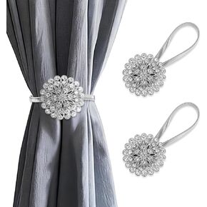 Silver Sparkling Crystal Flower Curtain Tiebacks, 2 Pack High-Elastic Spring Wire Curtain Buckle Clips for Home Office Decoration in Kuwait