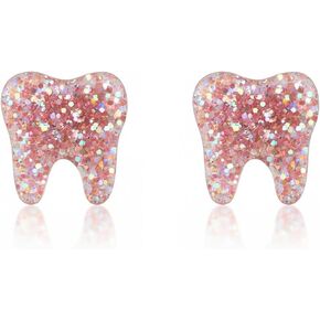 ROSTIVO Glitter Tooth Stud Earrings for Women – Sparkly Pink Acrylic Earrings, Fun Dentist Gift, Cute Dental Jewelry for Valentine’s Day, Everyday Wear in Saudi Arabia