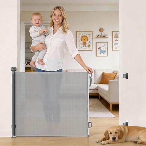 Retractable Safety gate, pet/Dog/cat Temporary Door, Baby Safety Temporary Door, mesh Soft Material, Expands to 55.1" Wide, Suitable for Stairs/corridors/Indoor/Outdoor(Grey,33.5"x55.1") in Saudi Arabia