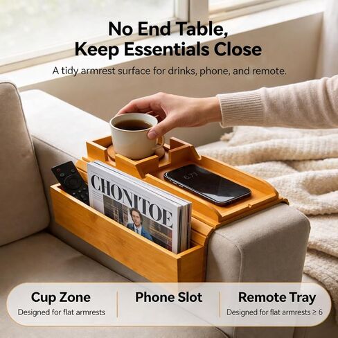 Bamboo Sofa Arm Tray for Couches Without End Tables, Folding Armrest Tray with Non-Slip Base – Only for Flat Armrests Over 6 Inches Wide, for Drinks, Phone & Remote in Saudi Arabia