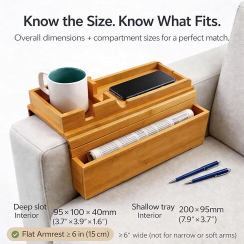 Bamboo Sofa Arm Tray for Couches Without End Tables, Folding Armrest Tray with Non-Slip Base – Only for Flat Armrests Over 6 Inches Wide, for Drinks, Phone & Remote in Saudi Arabia