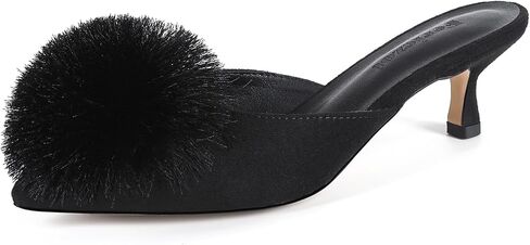 Fericzot Fluffy Poms-Poms كعب هريرة للنساء - مقدمة مدببة بدون ظهر صندل مخملي سهل الارتداء بكعب منخفض فستان كاجوال لطيف بكعب عالٍ in Saudi Arabia