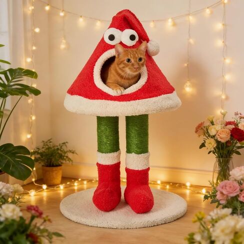 برج شجرة عيد الميلاد للقطط للقطط الداخلية - شجرة قطط صغيرة مع أعمدة خدش من السيزال، سرير قطيفة للقطط، وبرج تسلق للقطط الصغيرة والقطط البالغة، أخضر وأحمر in Kuwait