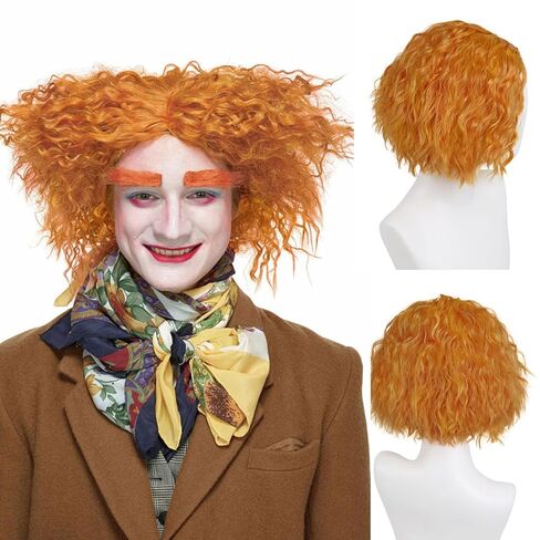 GNIMEGIL شعر مستعار قصير للرجال من Mad Hatter باروكات برتقالية مجعدة للجنسين باروكة شعر اصطناعية للمهرج من أجل أزياء تنكرية لحفلات الهالوين 12 بوصة in Kuwait