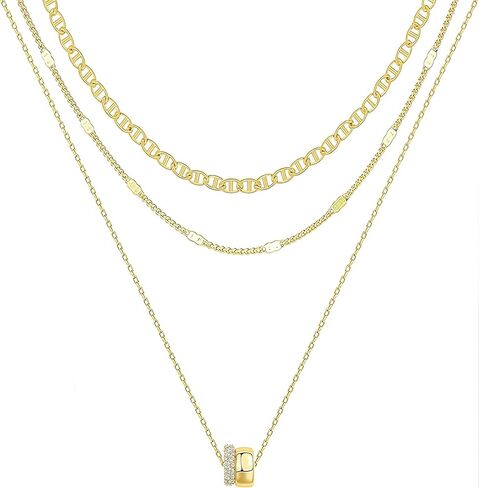 قلادات متعددة الطبقات للنساء، مجموعة قلادة أنيقة مطلية بالذهب عيار 14 قيراط، قلادة سلسلة دائرية وسلسلة مارينر، هدية مجوهرات ذهبية بطبقتين من الزركونيا المكعبة قابلة للتكديس in Kuwait