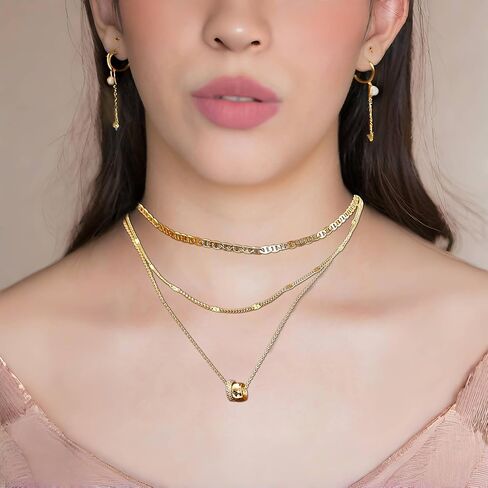 قلادات متعددة الطبقات للنساء، مجموعة قلادة أنيقة مطلية بالذهب عيار 14 قيراط، قلادة سلسلة دائرية وسلسلة مارينر، هدية مجوهرات ذهبية بطبقتين من الزركونيا المكعبة قابلة للتكديس in Kuwait