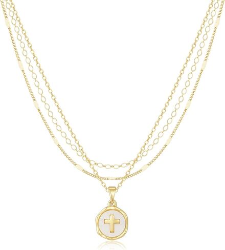 Gold Necklace for Women 14K Gold Plated Layered Cross Bar Necklace Herringbone Figaro Paperclip Flat Chain Cute Charm Accessories Non Tarnish Jewelry Set Gifts for Women in Saudi Arabia