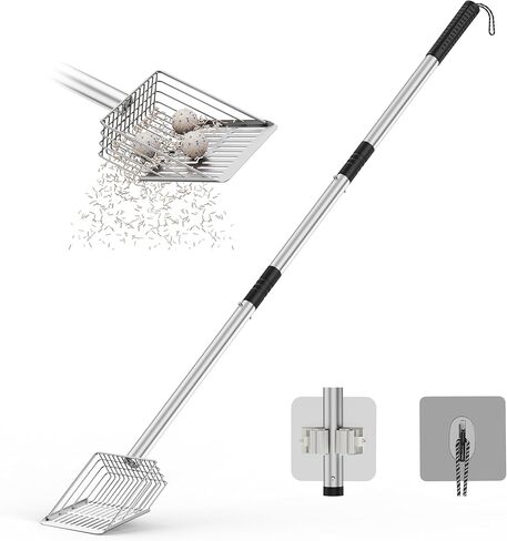 مغرفة فضلات القطط المعدنية شديدة التحمل مع حامل - مغرفة صندوق فضلات الغربلة السريعة تلتقط جميع الكتل - مجرفة غربلة فضلات القطط بمقبض مريح - سهلة التنظيف بخطاف (قصير) in Kuwait