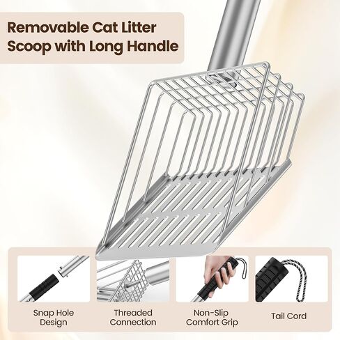 مغرفة فضلات القطط المعدنية شديدة التحمل مع حامل - مغرفة صندوق فضلات الغربلة السريعة تلتقط جميع الكتل - مجرفة غربلة فضلات القطط بمقبض مريح - سهلة التنظيف بخطاف (قصير) in Kuwait
