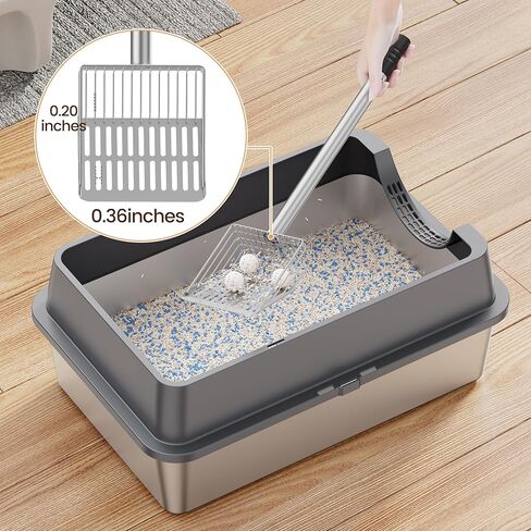 مغرفة فضلات القطط المعدنية شديدة التحمل مع حامل - مغرفة صندوق فضلات الغربلة السريعة تلتقط جميع الكتل - مجرفة غربلة فضلات القطط بمقبض مريح - سهلة التنظيف بخطاف (قصير) in Kuwait