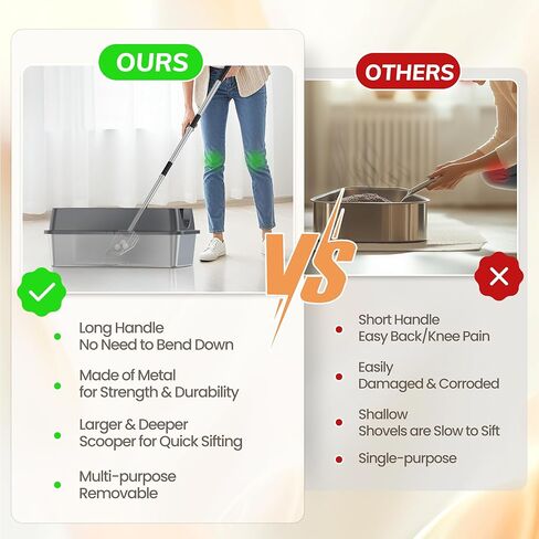 مغرفة فضلات القطط المعدنية شديدة التحمل مع حامل - مغرفة صندوق فضلات الغربلة السريعة تلتقط جميع الكتل - مجرفة غربلة فضلات القطط بمقبض مريح - سهلة التنظيف بخطاف (قصير) in Kuwait