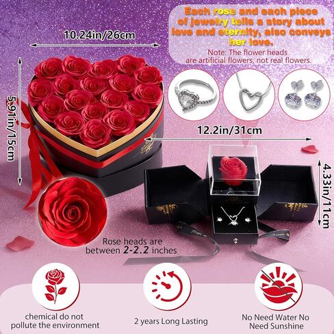 Gifts for Women Artificial Forever Flowers Box & Preserved Roses with Necklace Ring Earrings,Gifts for Her Girlfriend Mom Wife Grandma on Mothers Day Birthday Valentines Christmas Anniversary,Wedding in Saudi Arabia