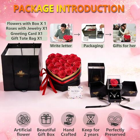Gifts for Women Artificial Forever Flowers Box & Preserved Roses with Necklace Ring Earrings,Gifts for Her Girlfriend Mom Wife Grandma on Mothers Day Birthday Valentines Christmas Anniversary,Wedding in Saudi Arabia