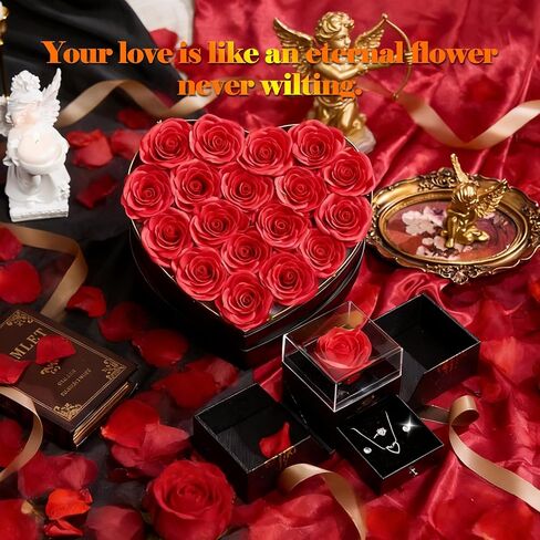 Gifts for Women Artificial Forever Flowers Box & Preserved Roses with Necklace Ring Earrings,Gifts for Her Girlfriend Mom Wife Grandma on Mothers Day Birthday Valentines Christmas Anniversary,Wedding in Saudi Arabia