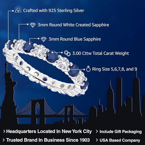 Gem Stone King 3.00 Cttw Blue Sapphire and White Created Sapphire Eternity Band Ring For Women | 925 Sterling Silver | Wedding Engagement Anniversary Promise Ring | Available In Size 5, 6, 7, 8, 9 in Saudi Arabia